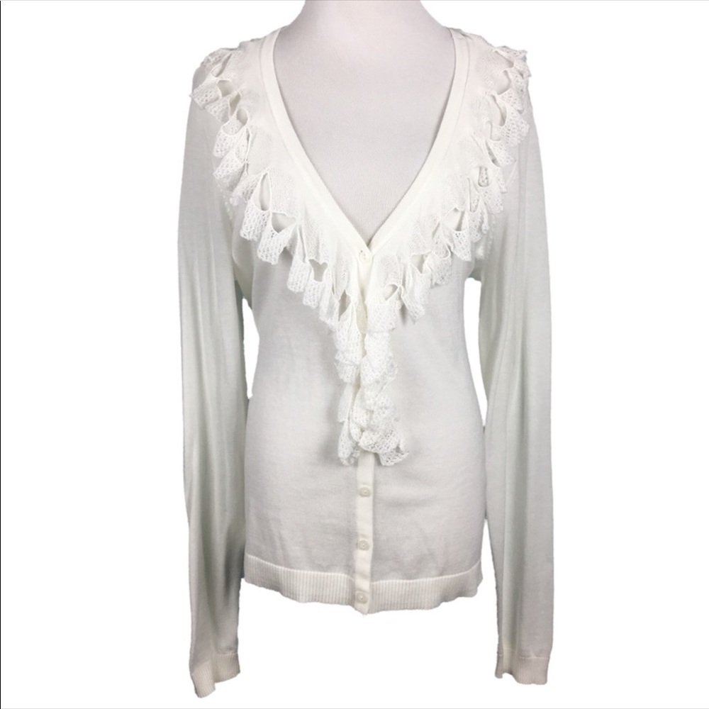 CAbi M Woman's White Lace Cardigan Sweater cottage core